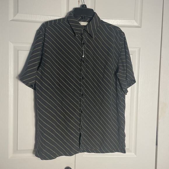 Perry Ellis Shirt Mens Medium Black Brown Diagonal Stripe 100% Silk Short Sleeve - Picture 1 of 8